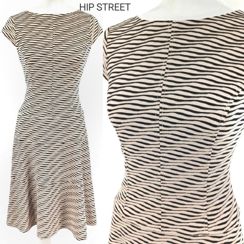 Anne Klein Drop Waist Swing Skirt Wave Pattern A-Line Stretch Jersey Midi Dress